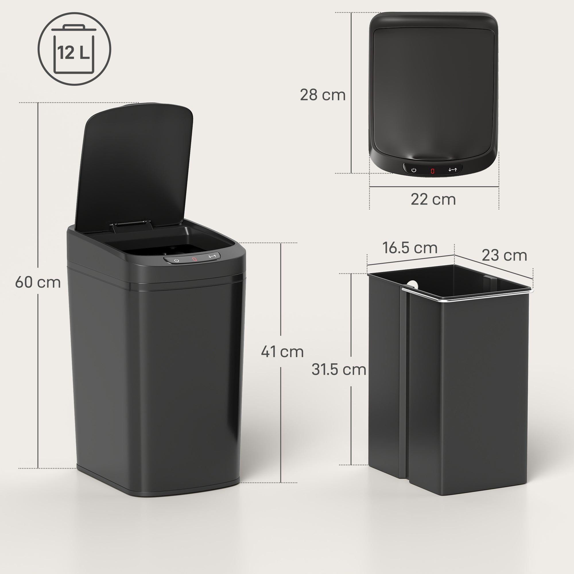 HOMCOM 12L Sensor Bin, Automatic Touchless Motion Sensor Kitchen Bin with Fingerprint Resistant Stainless Steel, Black 