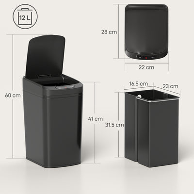 HOMCOM 12L Sensor Bin, Automatic Touchless Motion Sensor Kitchen Bin with Fingerprint Resistant Stainless Steel, Black 