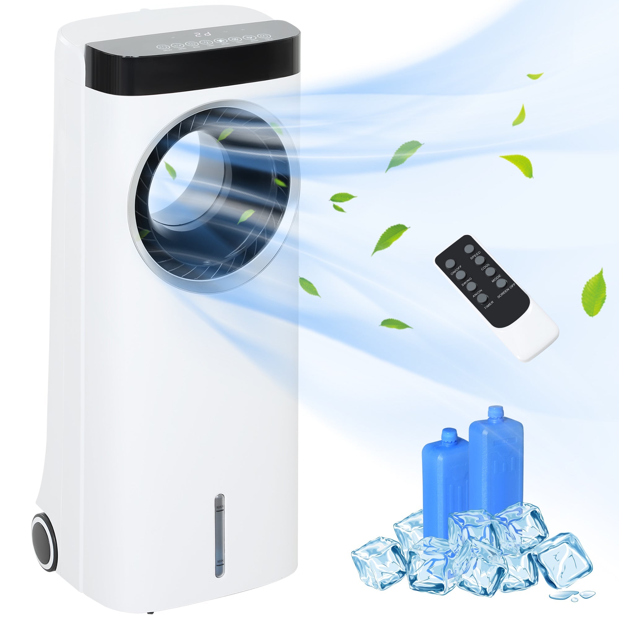 HOMCOM Evaporative Air Cooler, 6.5L 4-in-1 Bladeless Portable Cooler, Fan, Humidifier, Air Clean with Oscillation, 3 Speeds, 24H Timer, Sleep Mode, 2 Ice Packs, Wheels, Remote, for Home Office 