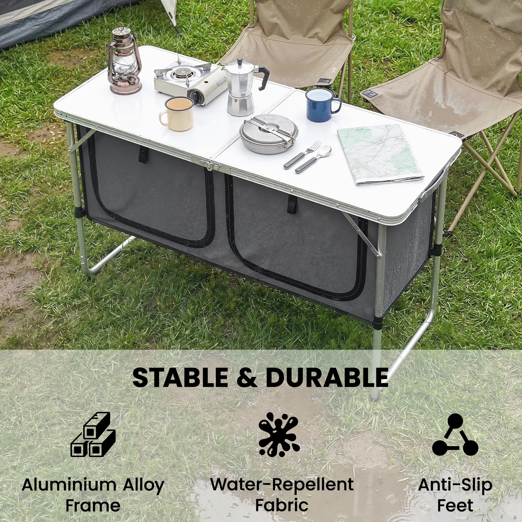 Outsunny Camping Cupboards Folding Portable Aluminium Camp Cook Station with Storage Cupboard for Outdoor BBQ 