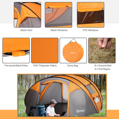 Outsunny 4-5 Person Pop-up Camping Tent Family Tent w/ 2 Mesh Windows & PVC Windows Portable Carry Bag for Outdoor Trip, Orange 