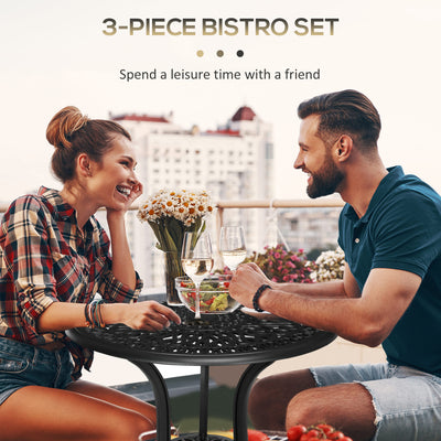 Outsunny 3 Piece Garden Bistro Set, Cast Aluminium Outdoor Furniture Set with Umbrella Hole for Balcony, Porch, Patio, Black 