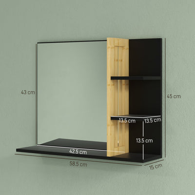 HOMCOM Bamboo Panel Bathroom Mirror, with Shelves 