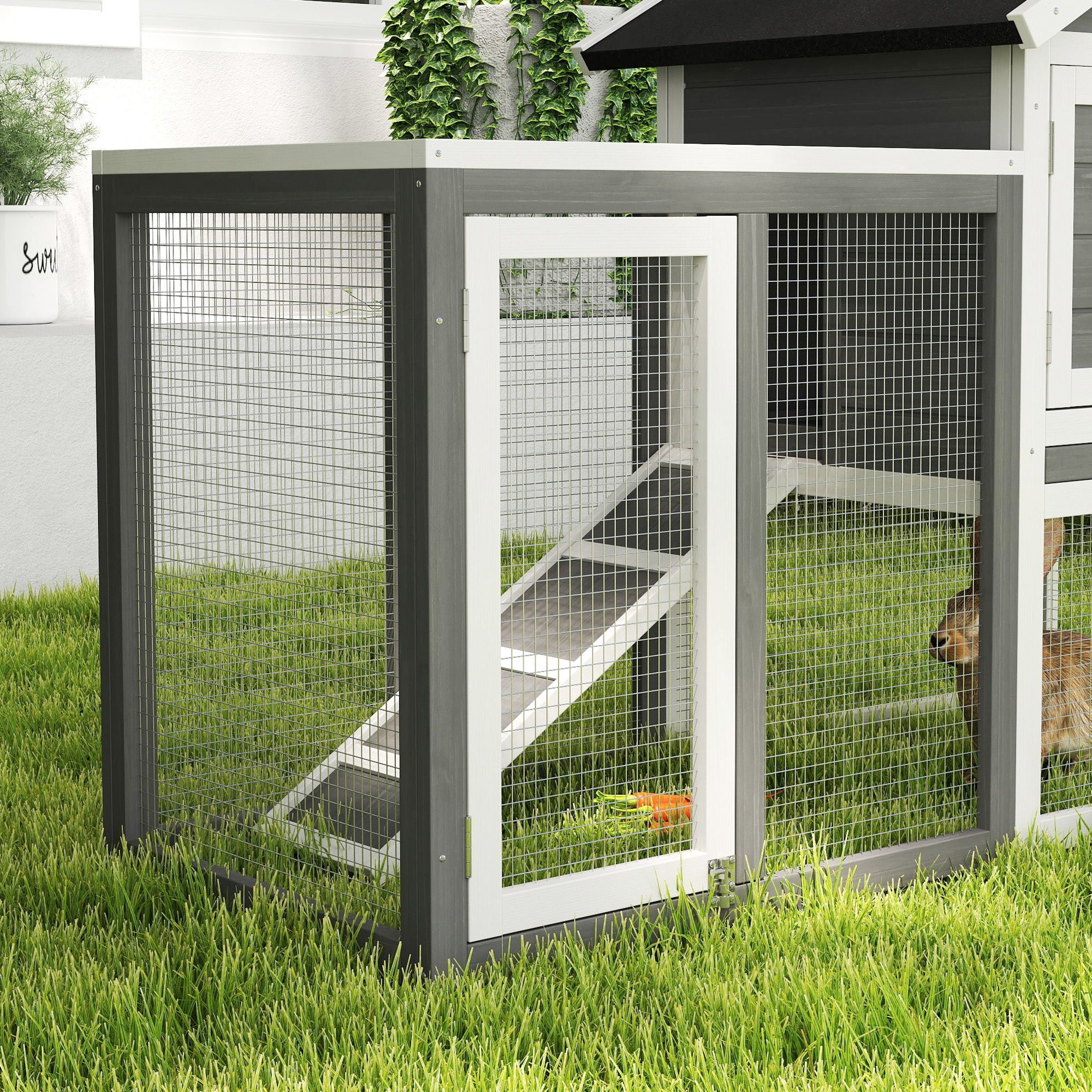 PawHut Rabbit Hutch Outdoor Wooden Guinea Pig Hutch Rabbit Run Bunny Cage Small Animal House Pull-Out Tray, Grey, 122 x 62.6 x 92 cm 