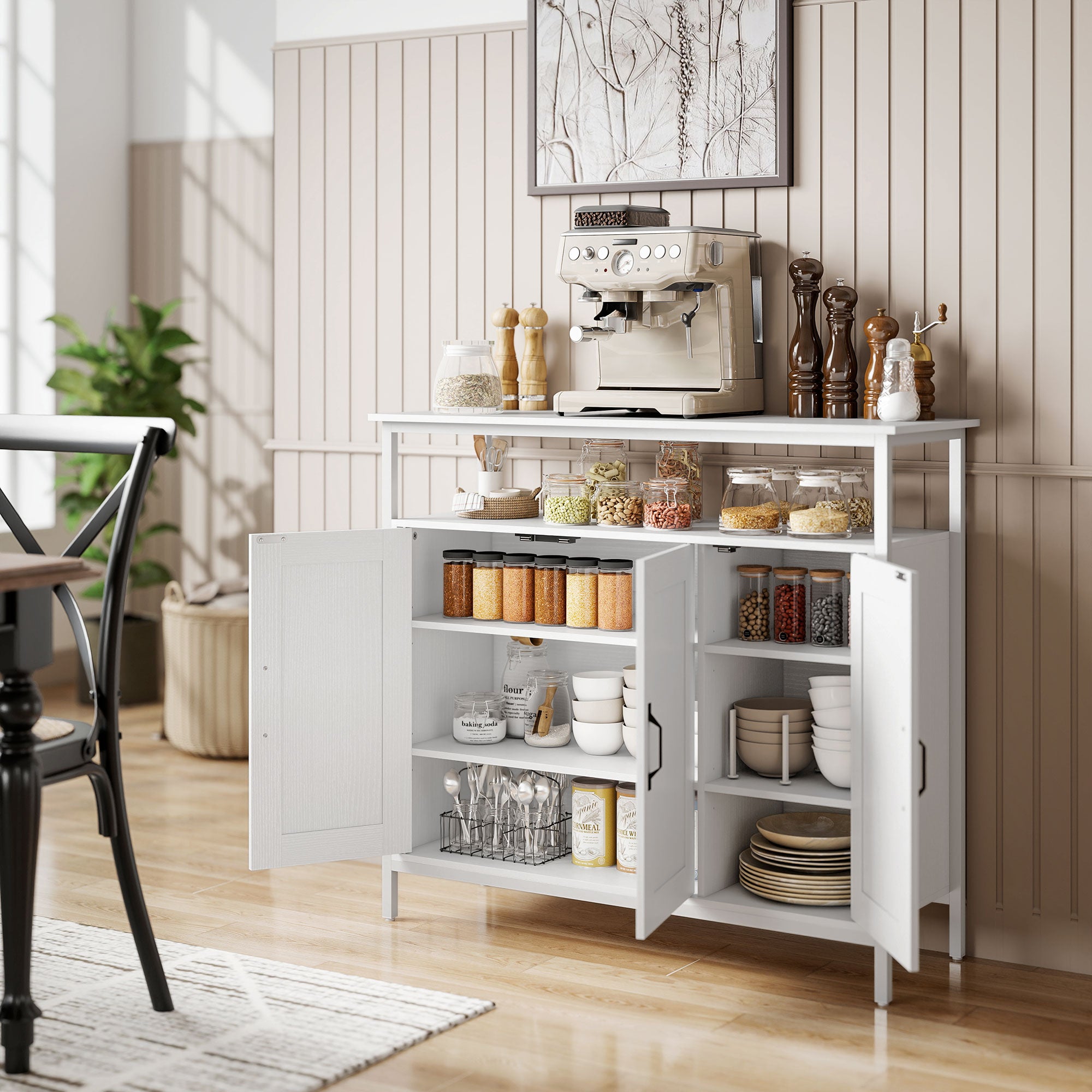 HOMCOM Industrial Kitchen Sideboard with Open Shelf, 2 Cabinets, Adjustable Shelves for Living Room, Dining Room, White 