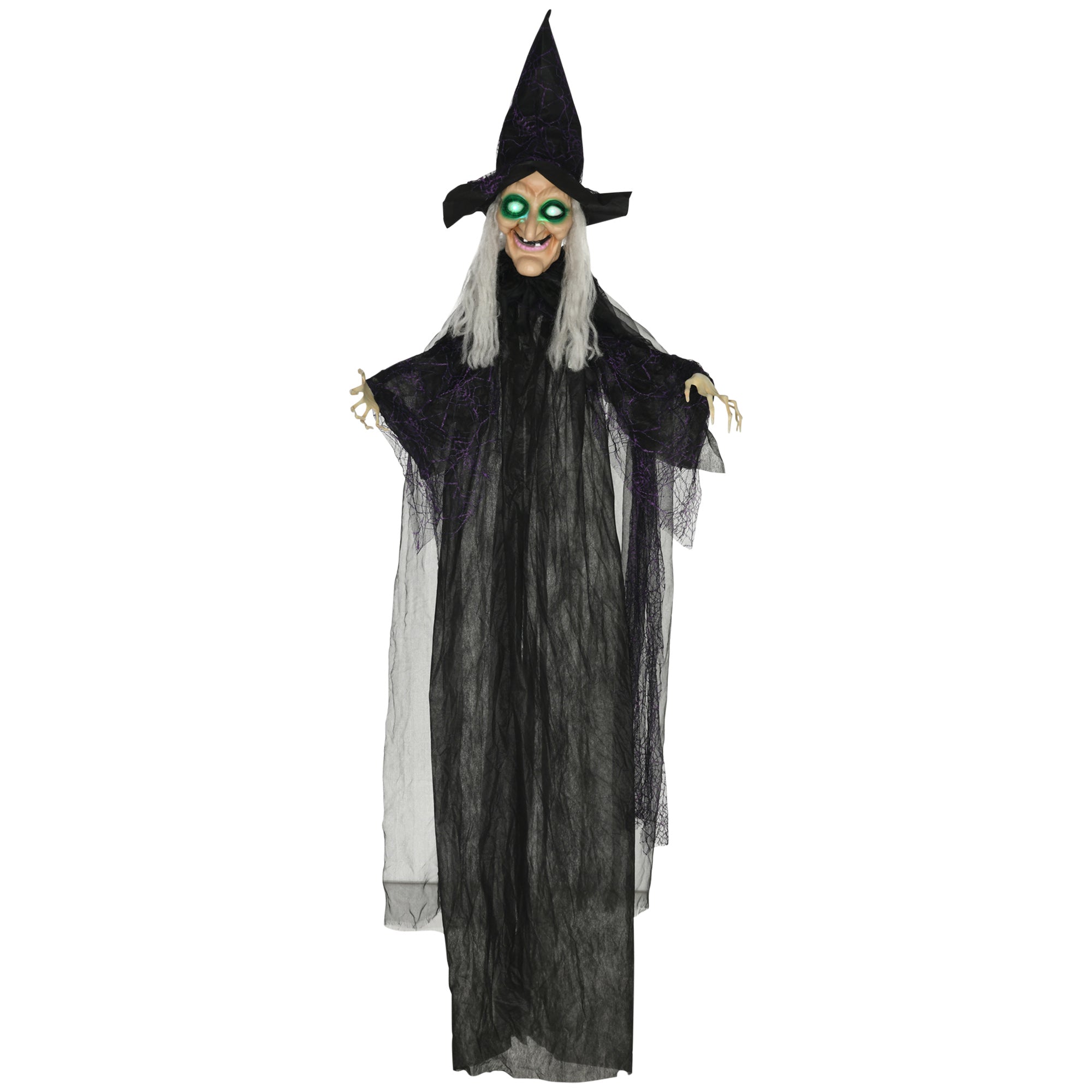 HOMCOM 6ft Outdoor Halloween Decoration Witch, Hanging Witch Prop Life Size with Sound and Motion Activated, Light Up Eyes, Talking Sound, Posable Arms
