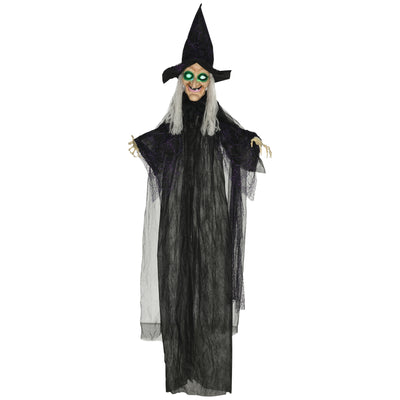 HOMCOM 6ft Outdoor Halloween Decoration Witch, Hanging Witch Prop Life Size with Sound and Motion Activated, Light Up Eyes, Talking Sound, Posable Arms 