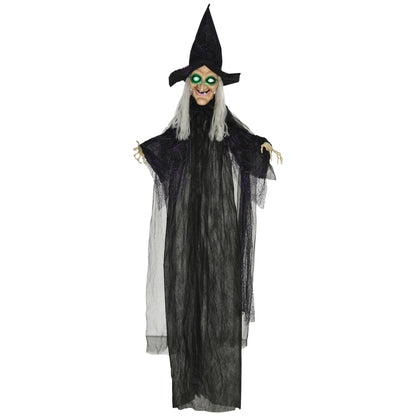 HOMCOM 6ft Outdoor Halloween Decoration Witch, Hanging Witch Prop Life Size with Sound and Motion Activated, Light Up Eyes, Talking Sound, Posable Arms