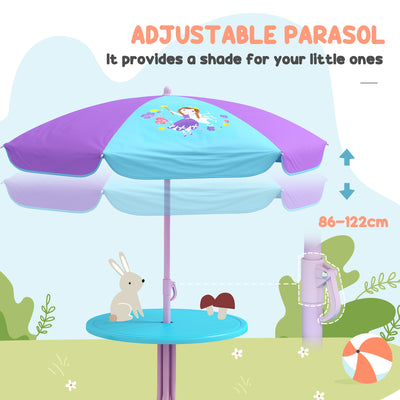 Outsunny 4PCs Kids Garden Furniture Set w/ 2 Seater Garden Swing Chair with Adjustable Canopy, Childrens Table and Chair Set with Parasol, for Toddler Girls 3-6 Years Old 