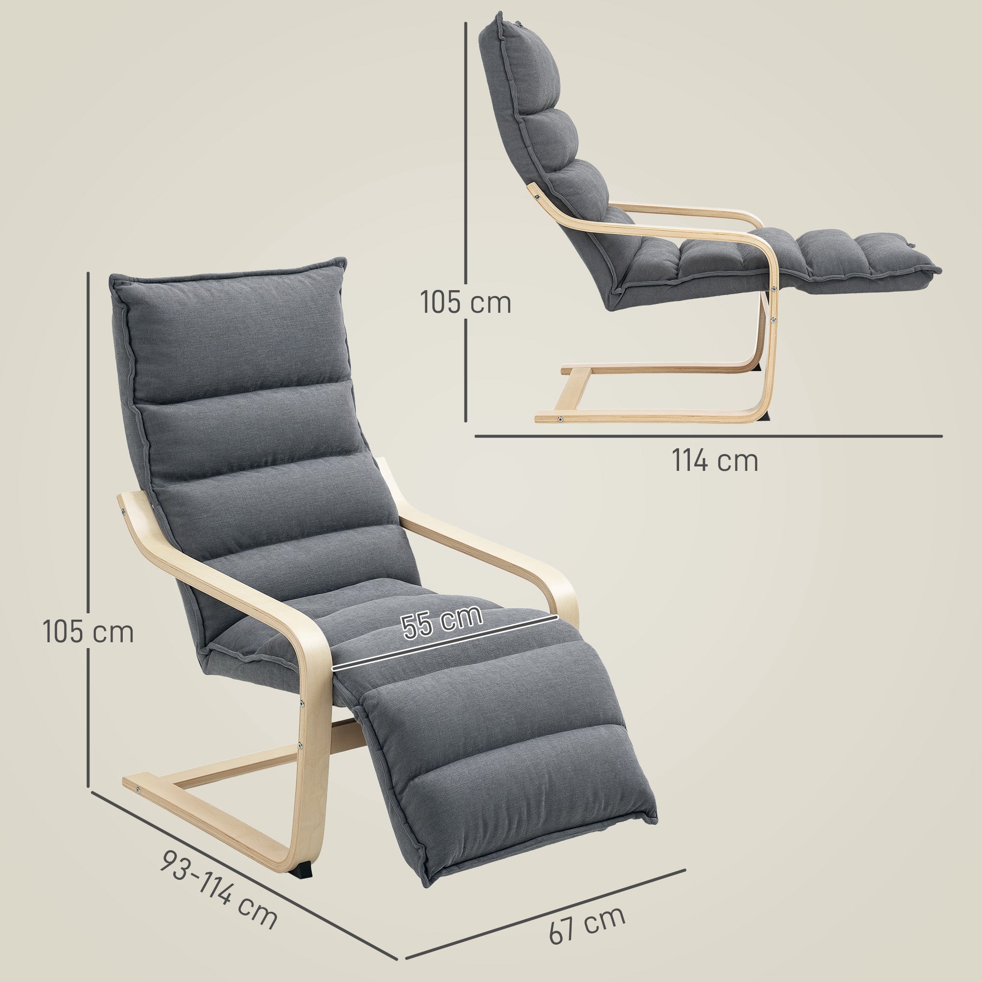 HOMCOM Curved Wooden Accent Chair, with Adjustable Footrest - Drak Grey 