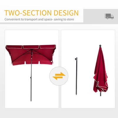 Outsunny Garden Parasol Umbrella, Outdoor Market Table Umbrella with Ruffles & Aluminium Pole, Rectangular Tilting Parasol Sun Shade Canopy, 2 x 1.3m, Red 