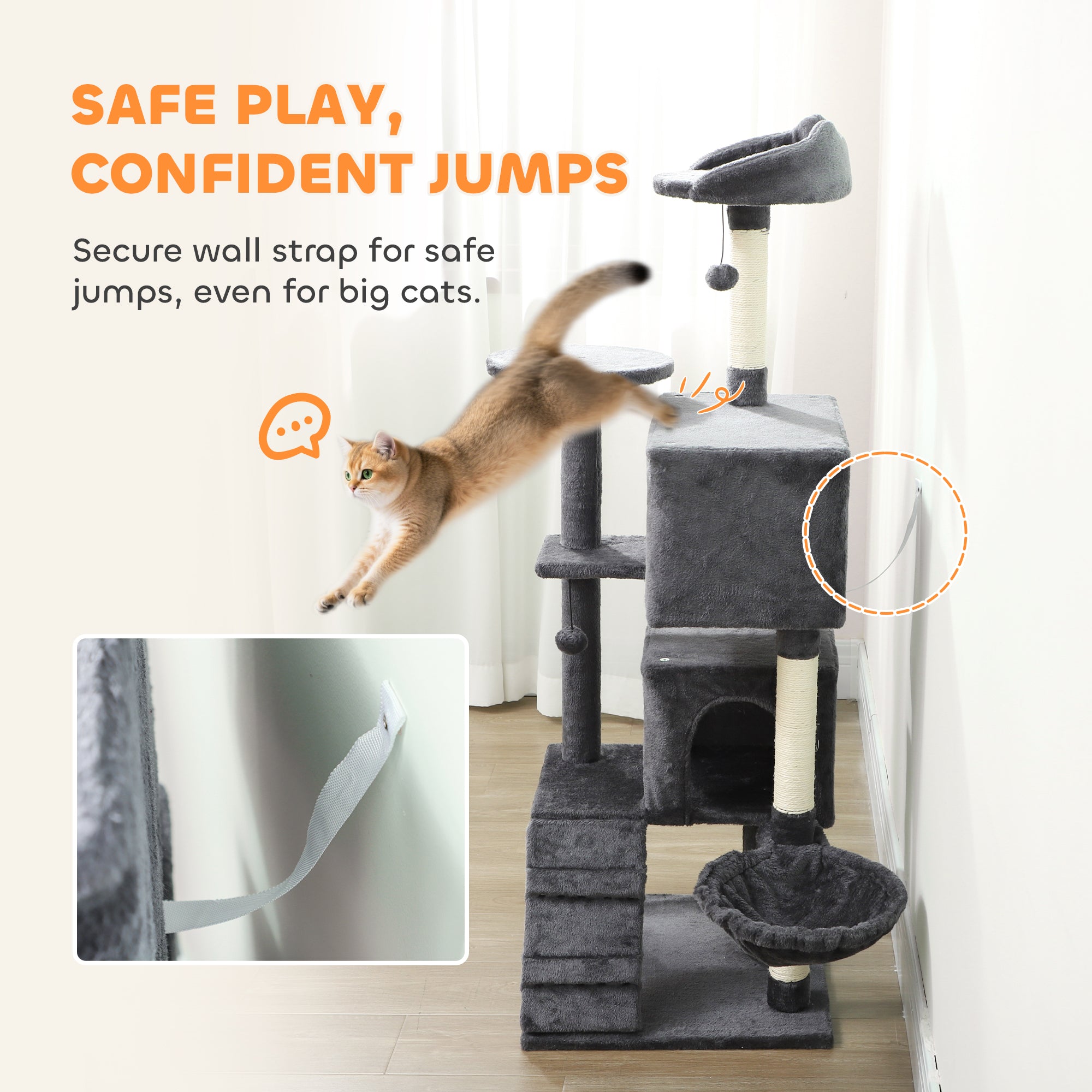 PawHut 140cm Large Cat Tree Tower with Sisal Scratching Posts, Cat Houses, Plush Perches, Hammock, Ladder, Dark Grey 