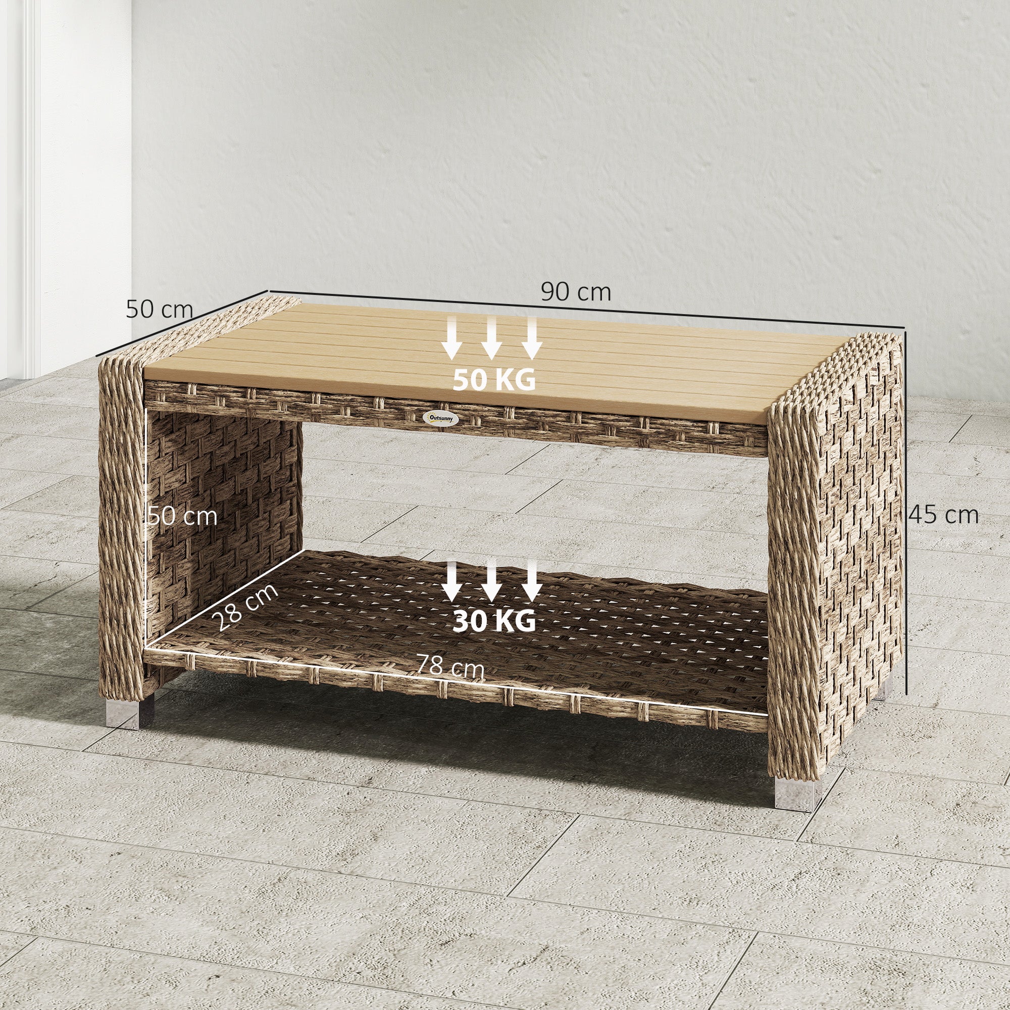 Outsunny Outdoor Coffee Table with Storage Shelf, PE Rattan Side Table with Slatted Top and Foot Pads, Light Brown 