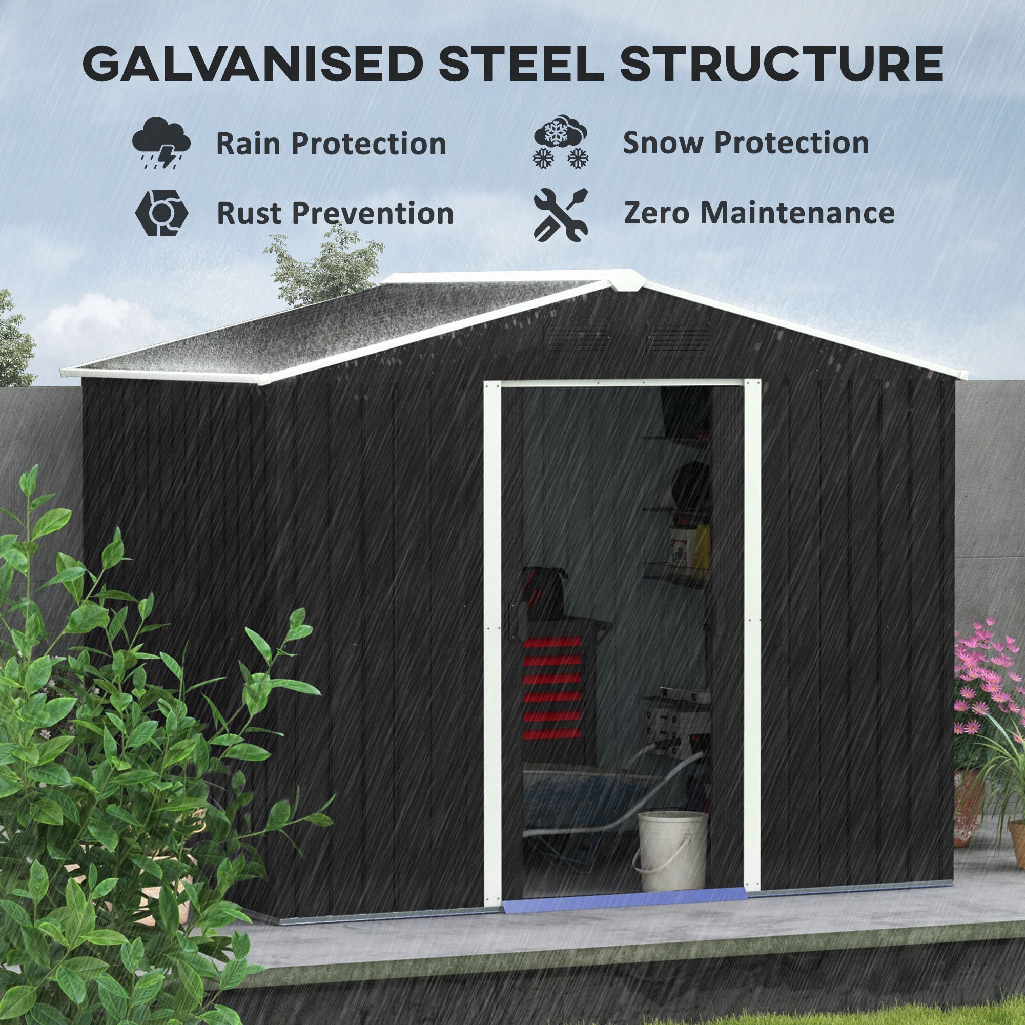 Outsunny 7.7 x 5.7ft Metal Garden Shed, Galvanised Outdoor Tool Storage House with Ventilation Slots and Sliding Doors, Grey 