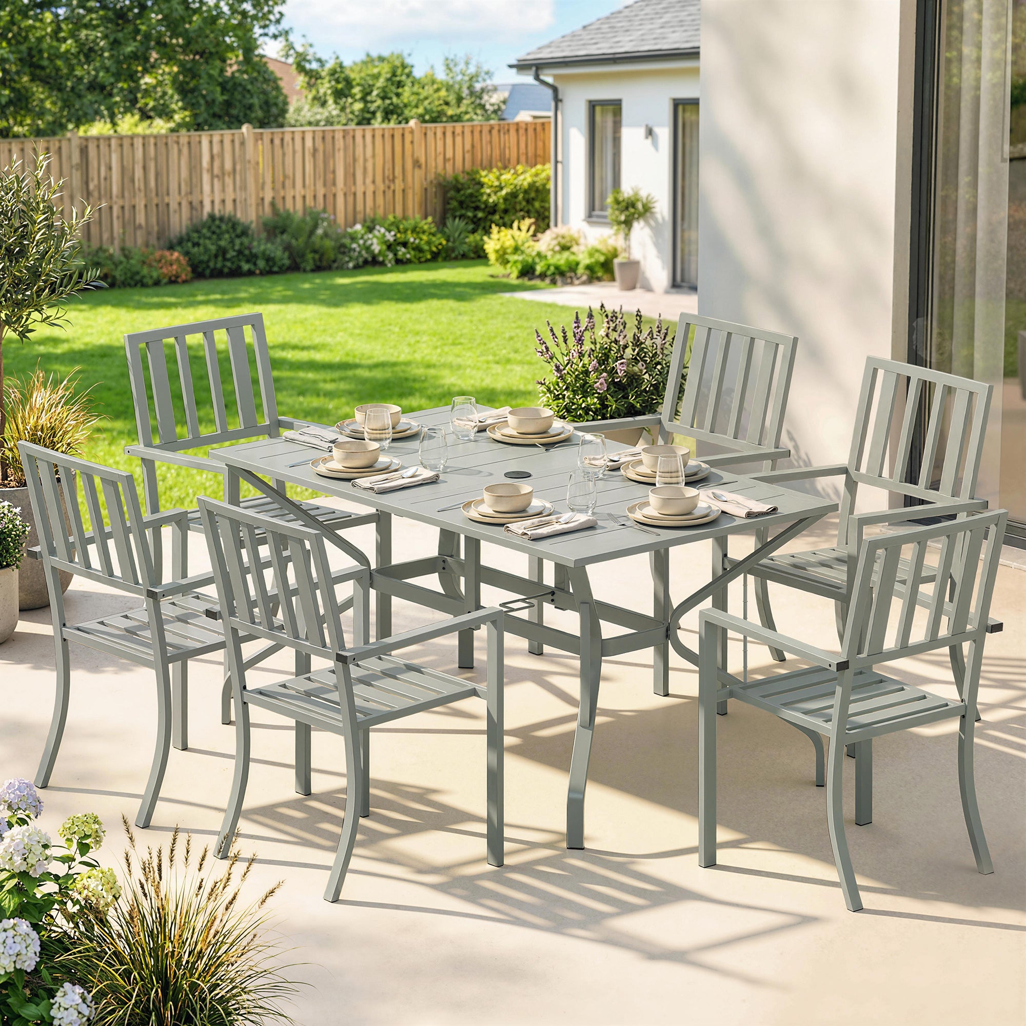 Outsunny 7 Pieces Garden Table and Chairs, 6 Seater Outdoor Table and Chairs with Umbrella Hole, for Garden, Light Grey 