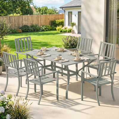 Outsunny 7 Pieces Garden Table and Chairs, 6 Seater Outdoor Table and Chairs with Umbrella Hole, for Garden, Light Grey 