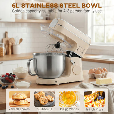HOMCOM Stand Mixer, 6L 1400W Tilt-Head Food Mixer with 11 Speeds, Pulse & Fermentation Function, LED Display, Cream 