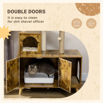 PawHut Cat Litter Box Enclosure, with Tree Tower, Cat House, Hammock, Cushion - Rustic Brown 