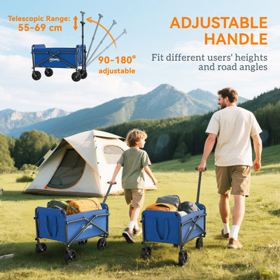 Outsunny 41L Festival Trolley on Wheels, Small Garden Folding Trolley Cart, 60kg Heavy Duty Collapsible Folding Wagon with Adjustable Handle and Carrying Bag for Beach, Camping, Festival, Blue 