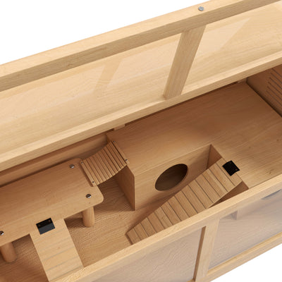 PawHut Hamster Cage, Wooden Small Animal Cage for Gerbils, Mice w/ Suspension Bridge, Openable Top, Hut, 85 x 45 x 44cm Nature 