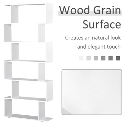 HOMCOM S Shape Wooden 6-tier Bookshelf Open Concept Bookcase Storage Display Unit for Home Office Living Room, White