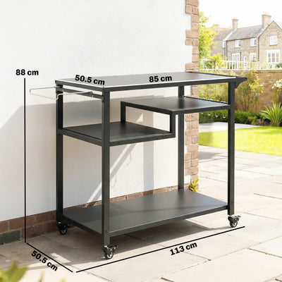 Outsunny Outdoor Grill Cart, Three-Tier Pizza Oven Stand  with Steel Tabletop, Hooks, Rubbish Bag Holder, Wheels, Black 