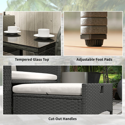 Outsunny Five Piece Rattan Garden Furniture Set with 2-Tier Coffee Table and Ottomans  - Cream White 