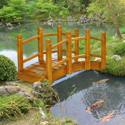 Outsunny Wooden Garden Bridge with Safety Railings, Arc Footbridge for Pond Backyard Stream, Brown 