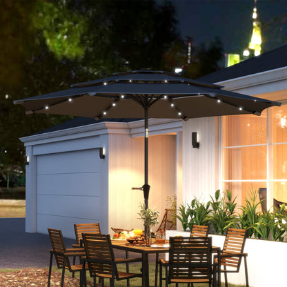 Outsunny 3-Tier Garden Parasol with Solar LED Lights, UPF 30+, Tilt Mechanism & Crank Handle, for Market Terrace, Dark Grey 