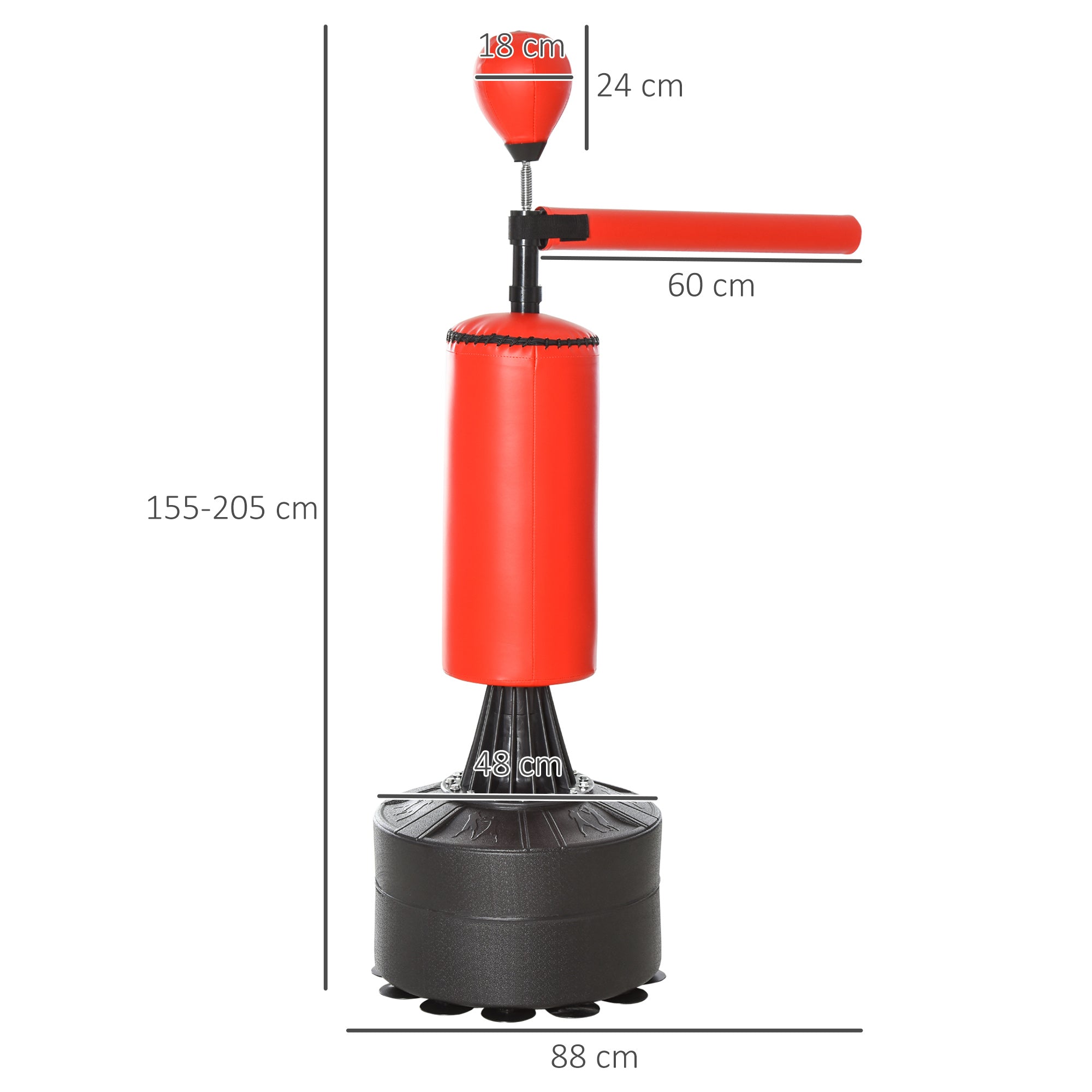 HOMCOM 155-205cm 3-IN-1 Freestanding Boxing Punching Bag Stand, Boxing Speed Trainer with Rotating Flexible Arm, Speed Ball, Fillable Base, Red 