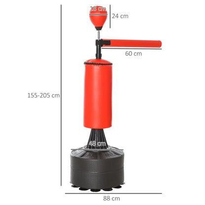HOMCOM 155-205cm 3-IN-1 Freestanding Boxing Punching Bag Stand, Boxing Speed Trainer with Rotating Flexible Arm, Speed Ball, Fillable Base, Red 