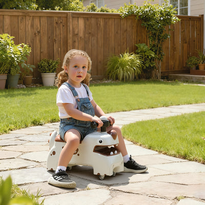 AIYAPLAY Kids Ride On Car, Dinosaur Foot to Floor Slider with Storage, Toddler Walker with Light, Sounds, Cream 