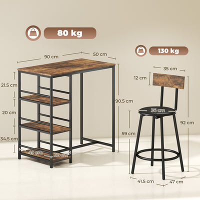 HOMCOM Space Saving Bar Table and PU Leather Stools for 2, 3 Piece Breakfast Bar Table Set with Storage Shelves, Rustic Brown