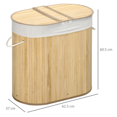 HOMCOM Bamboo Laundry Basket with Lid, 100 Litres Laundry Hamper with 2 Sections, Removable Washable Lining, Washing Baskets, 62.5 x 37 x 60.5cm, Natural 