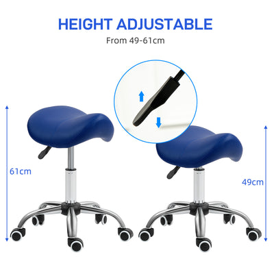 HOMCOM Saddle Stool, Height Adjustable Salon Chair for Massage Spa, Faux Leather, Dark Blue 
