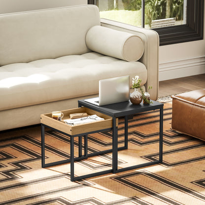HOMCOM Set of Two Boxy Nesting Tables - Black/Wood-Effect 