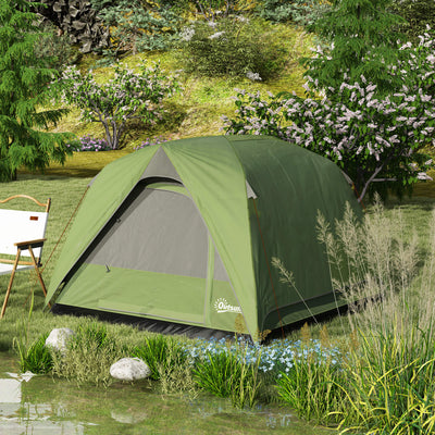 Outsunny 3-4 Person Camping Tent, Easy Set Up Waterproof Dome Tent with Sewn-in Groundsheet, Mesh Windows, Pocket and Hook for Camping, Hiking, Backpacking, Olive Green and Grey 
