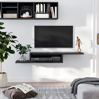 HOMCOM Floating TV Unit, Wall Mounted TV Stand with Open Shelf and 2 Cable Holes, Entertainment Unit for Living Room, Black 