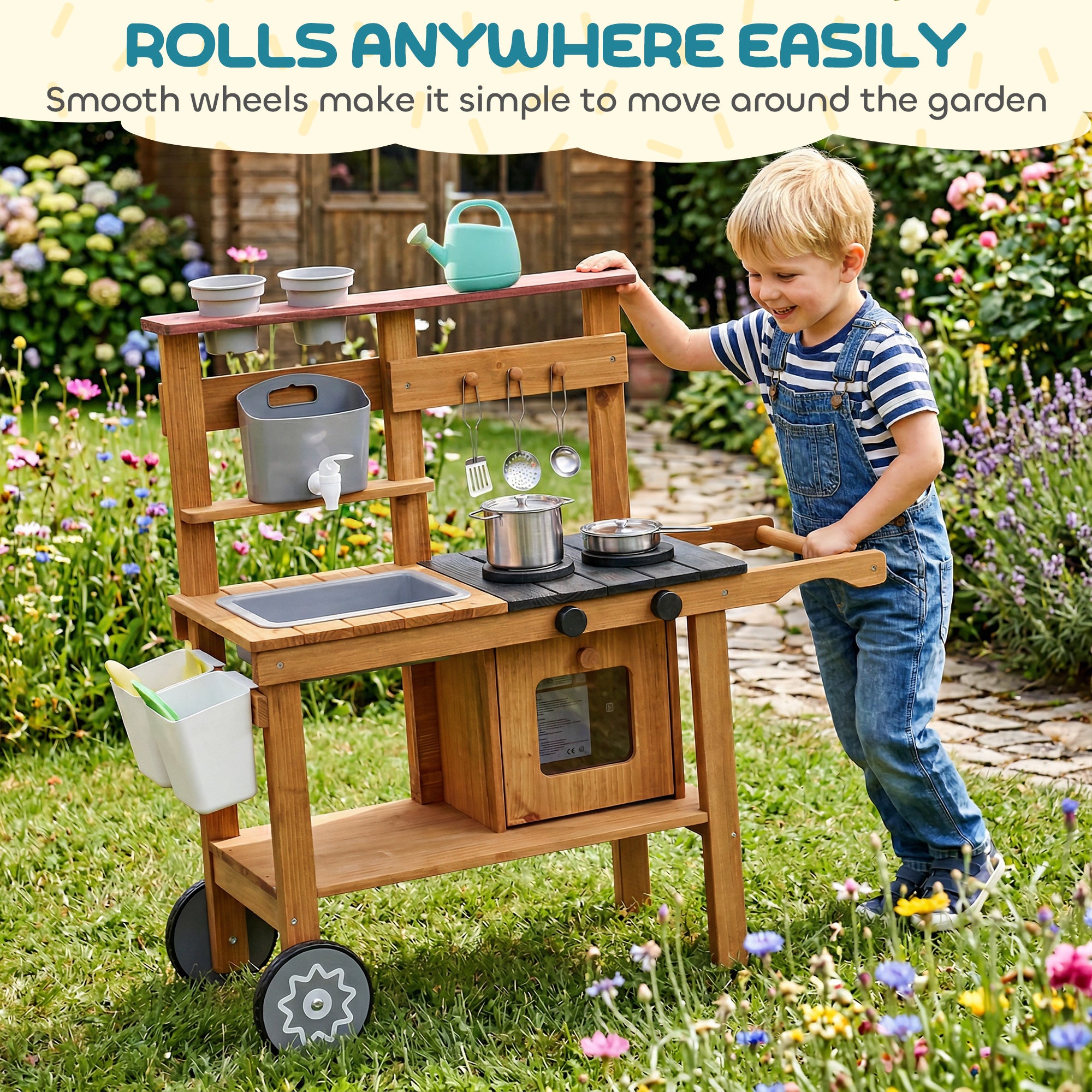 AIYAPLAY Wooden Mud Kitchen with Wheels, Stove, Faucet, Flower Pots, Stainless Steel Accessories for Toddlers 3-6, Brown 