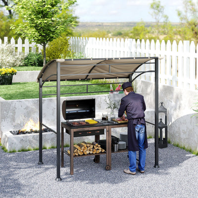 Outsunny 2.2 x 1.5 m BBQ Grill Gazebo Tent, Garden Grill with Metal Frame, Curved Canopy and 10 Hooks, Outdoor Sun Shade, Khaki 
