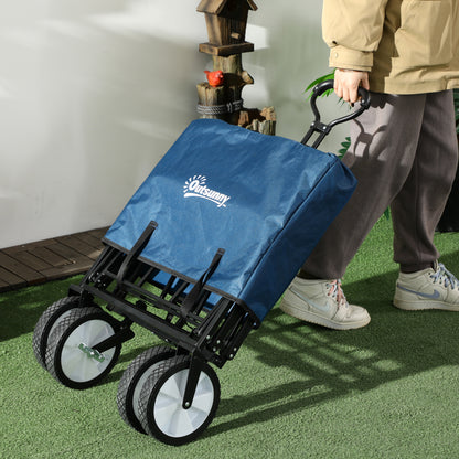 Outsunny 90L Folding Garden Trolley Cart Pull Along Wagon with Telescopic Handle for Beach Camping Festival - Navy Blue 