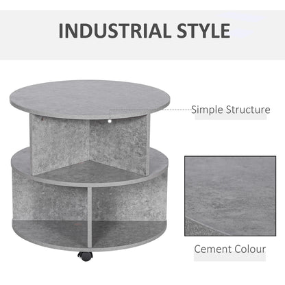 HOMCOM Round Coffee Table with Wheels, 3-Tier Rolling Side Table for Living Room with Divided Shelves, Cement Colour 