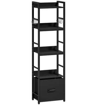 HOMCOM 4-Tier Bookshelf, Narrow Bookcase with Drawer, 8 Hooks, Metal Frame, Black 