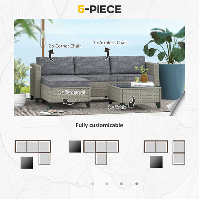 Outsunny 5-Piece Rattan Patio Furniture Set with Corner Sofa, Footstools, Coffee Table, for Poolside, Dark Grey 
