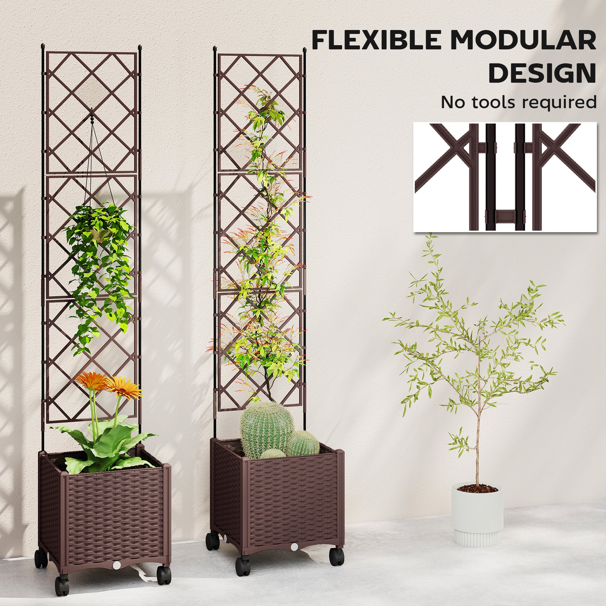 Outsunny Plastic Raised Planter with Trellis, Self Watering Raised Bed for Garden with Wheels, Drainage Holes and Plugs 