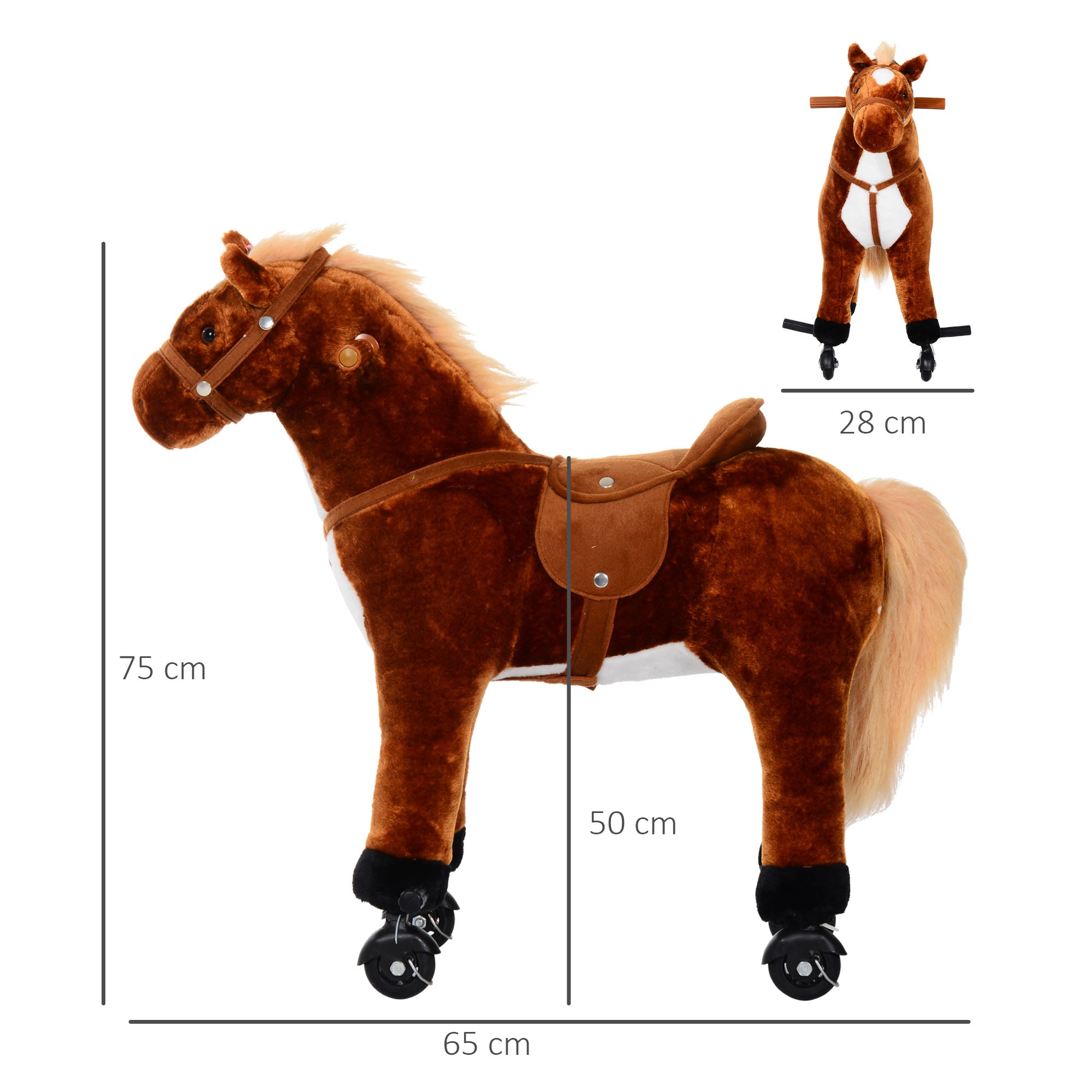 HOMCOM Plush Walking Horse Ride On Toy with Wheels and Realistic Sounds Rocking Horse for Girls Boys 3+ Years Old, 50cm Tall, Brown 