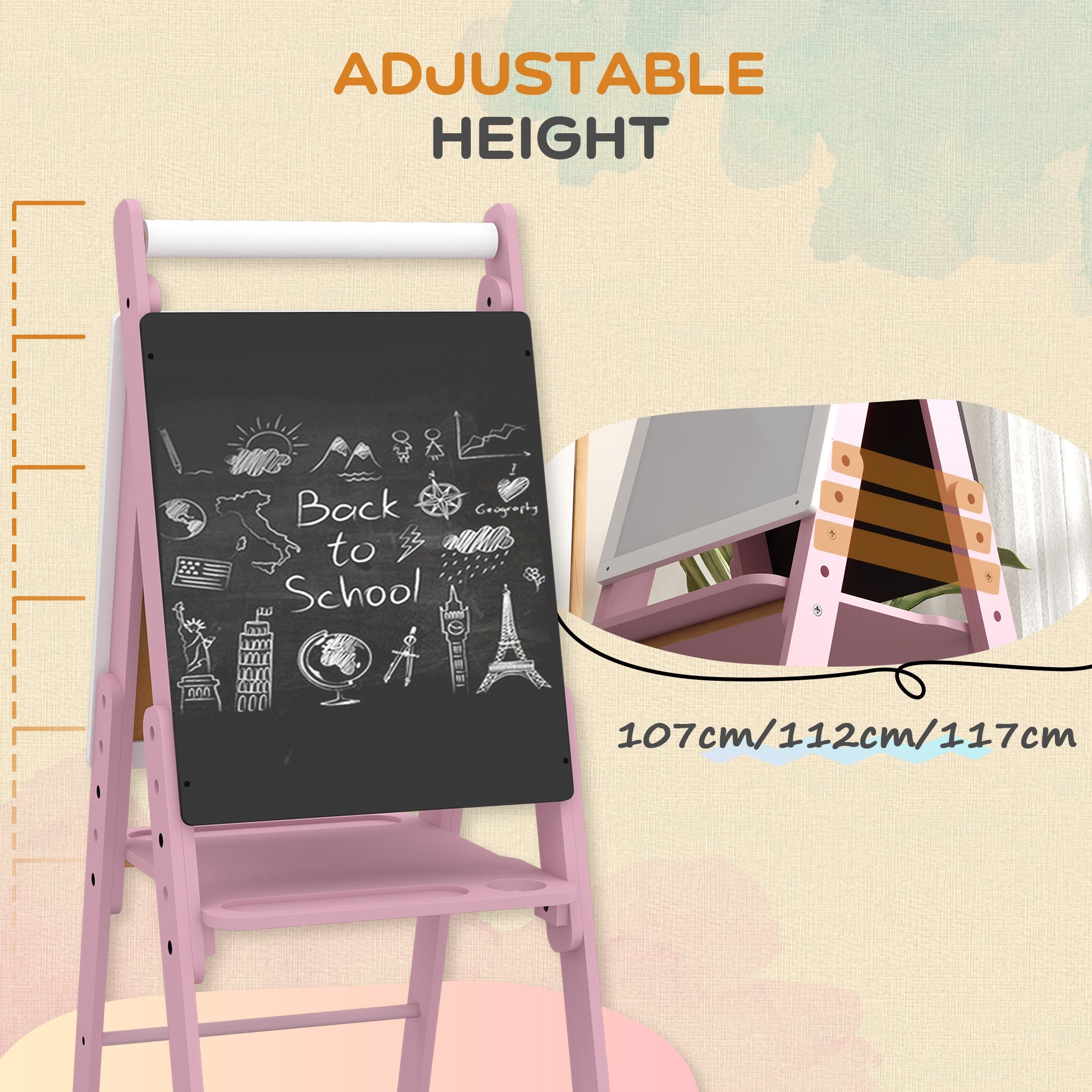 AIYAPLAY Three-In-One Easel for Kids, with Paper Roll, Adjustable Height - Pink 