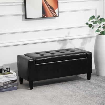 HOMCOM PU Leather Storage Ottoman Bench Storage Chest Tufted Ottoman Cube w/ Flipping Top 92L x 40W x 40H cm Black 