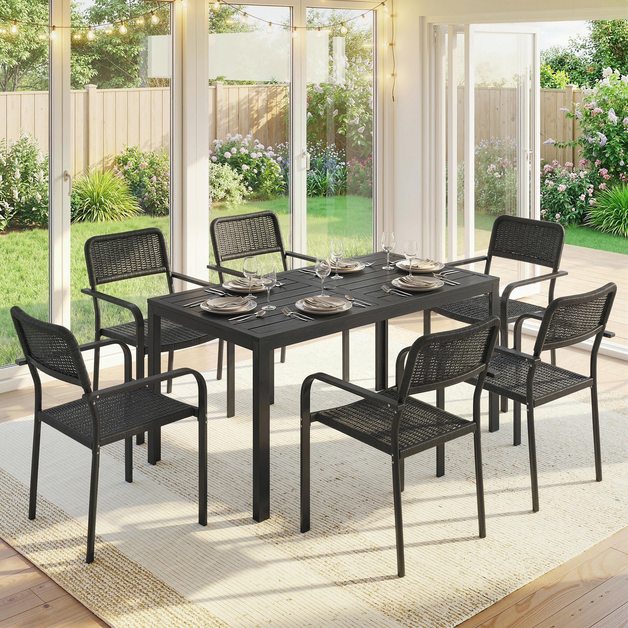 Outsunny Garden Dining Set for 6, Faux Wood Metal Outdoor Table and Stackable Chairs with Plastic Rattan Effect Seat, Black 