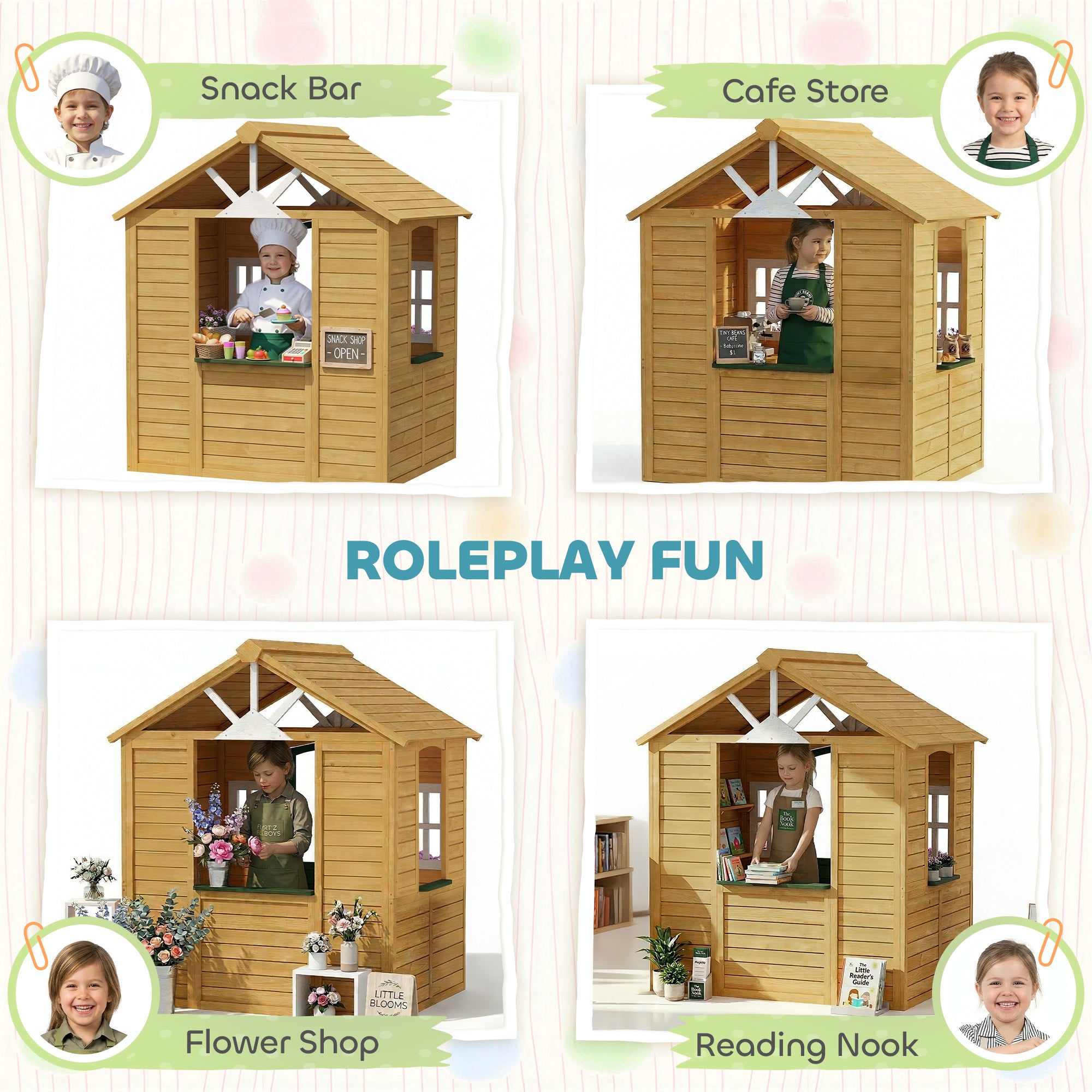 AIYAPLAY Outdoor Kids Playhouse, Wooden Wendy House with Door, 3 Windows, 2 Flower Boxes for Garden, Indoor Playroom 